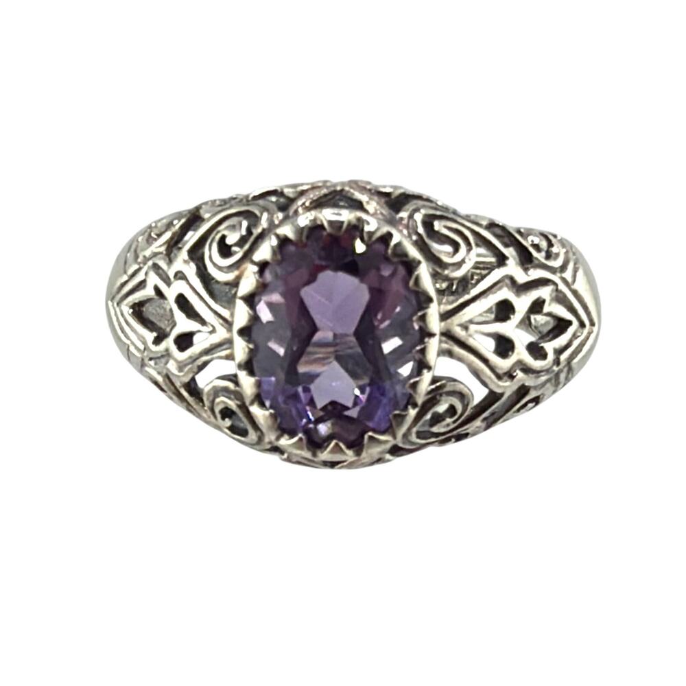 Vintage Inspired Filigree 925 Sterling Silver Amethyst Ring 5